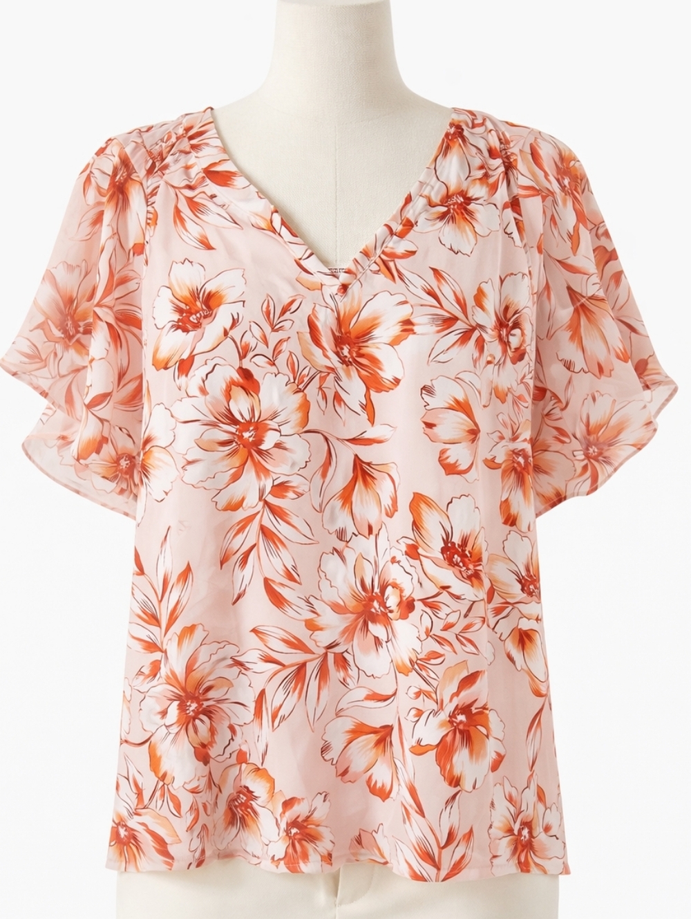 Perception Concepts Flowy Floral Blouse – Soft Pink & Rust V-Neck Top